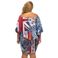 Hawaiian Manta Ray and Turtle Tribal Tattoo Family Matching Off Shoulder Short Dress and Hawaiian Shirt With Hawaii Flag and Flowers