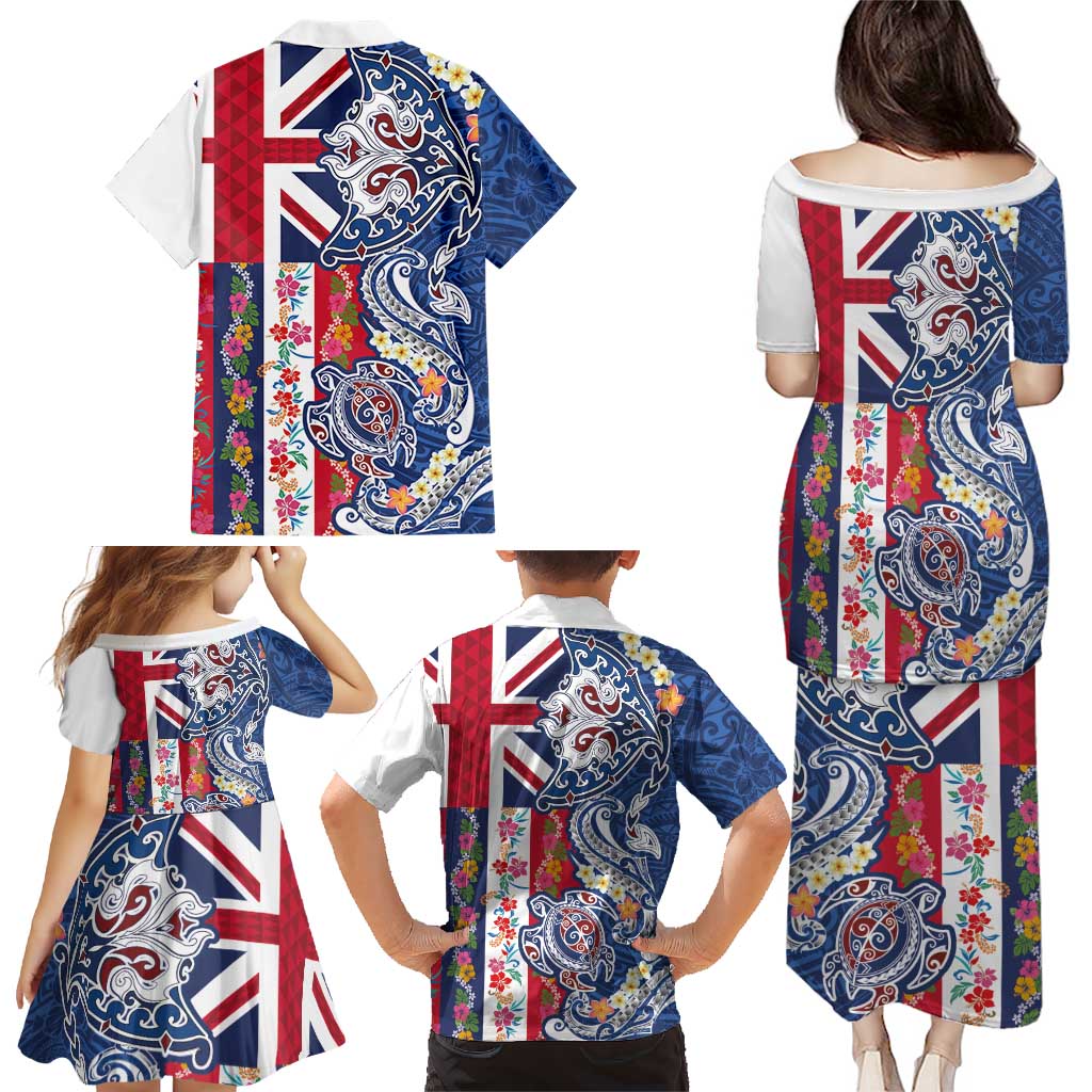 Hawaiian Manta Ray and Turtle Tribal Tattoo Family Matching Puletasi and Hawaiian Shirt With Hawaii Flag and Flowers