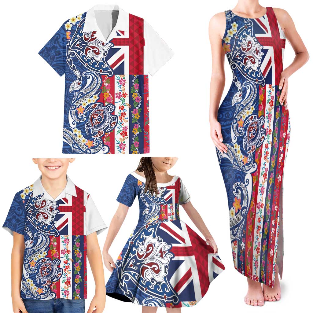 Hawaiian Manta Ray and Turtle Tribal Tattoo Family Matching Tank Maxi Dress and Hawaiian Shirt With Hawaii Flag and Flowers LT03 - Polynesian Pride