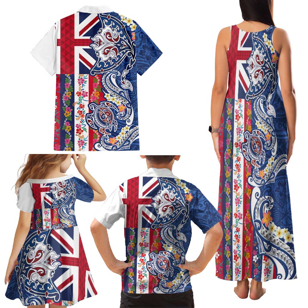 Hawaiian Manta Ray and Turtle Tribal Tattoo Family Matching Tank Maxi Dress and Hawaiian Shirt With Hawaii Flag and Flowers LT03 - Polynesian Pride