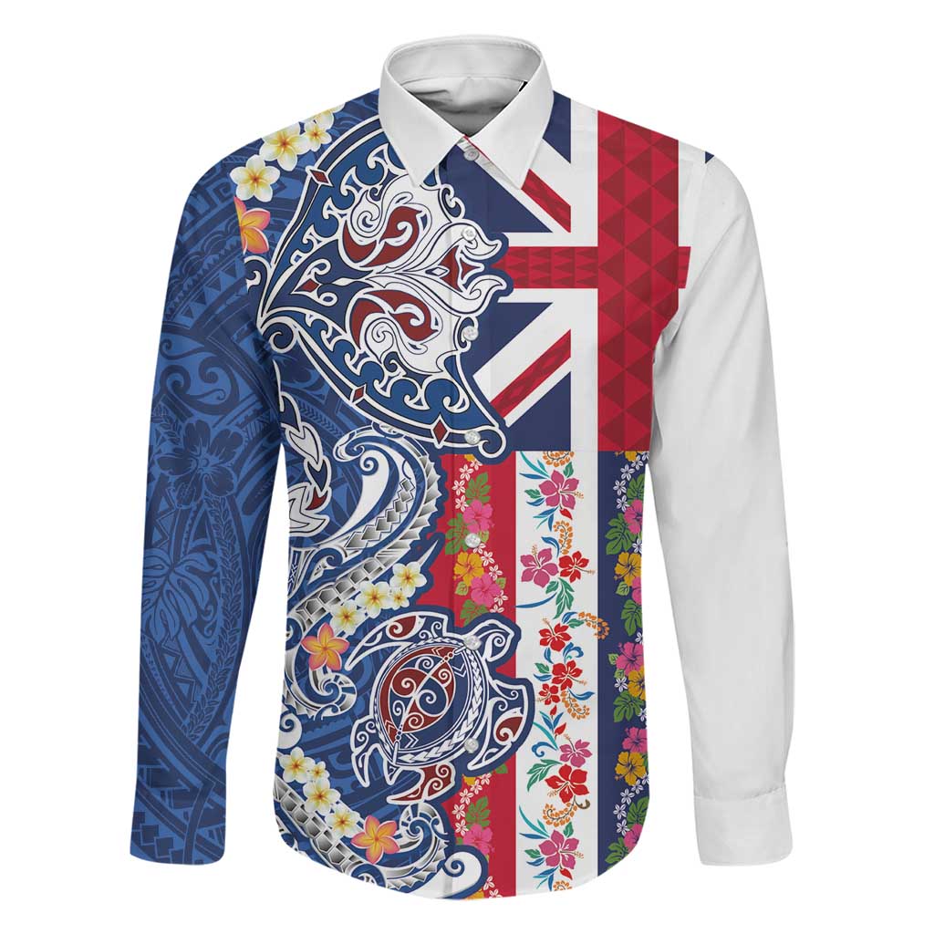 Hawaiian Manta Ray and Turtle Tribal Tattoo Family Matching Tank Maxi Dress and Hawaiian Shirt With Hawaii Flag and Flowers LT03 Dad's Shirt - Long Sleeve Multicolor - Polynesian Pride