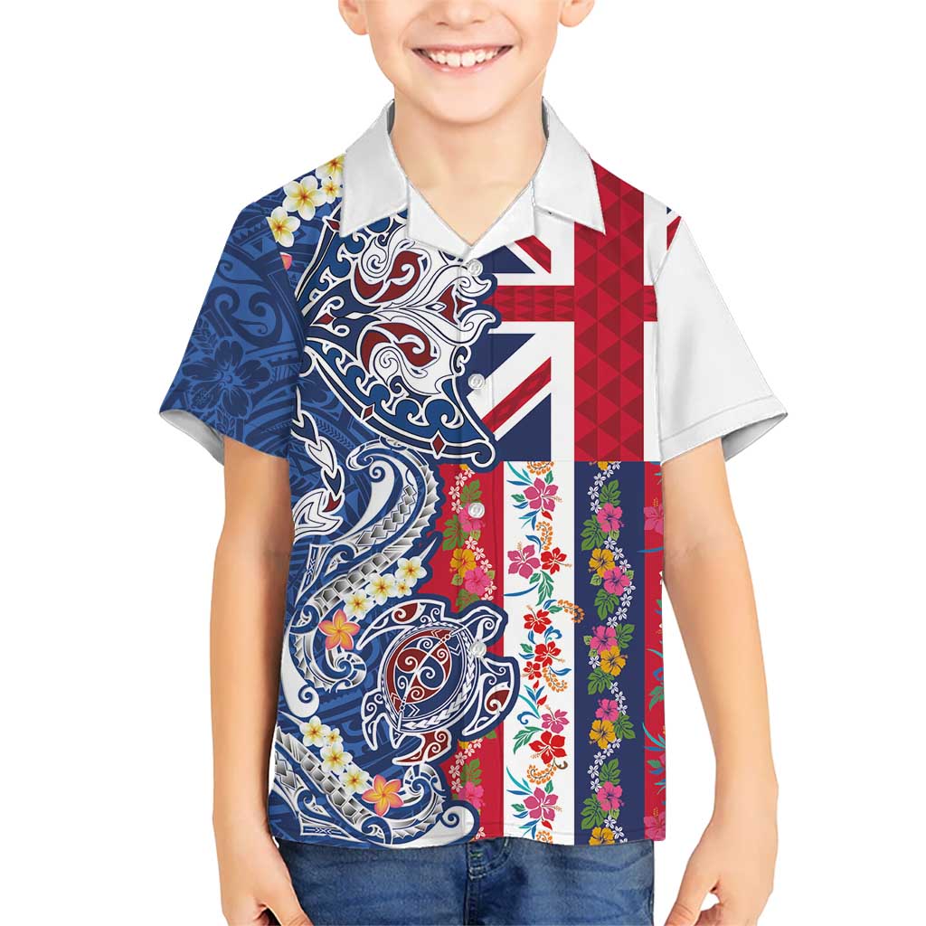 Hawaiian Manta Ray and Turtle Tribal Tattoo Family Matching Tank Maxi Dress and Hawaiian Shirt With Hawaii Flag and Flowers LT03 Son's Shirt Multicolor - Polynesian Pride