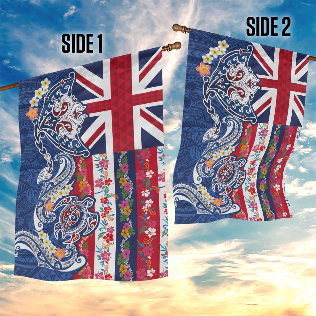 Hawaiian Manta Ray and Turtle Tribal Tattoo Garden Flag With Hawaii Flag and Flowers