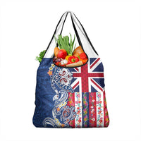 Hawaiian Manta Ray and Turtle Tribal Tattoo Grocery Bag With Hawaii Flag and Flowers