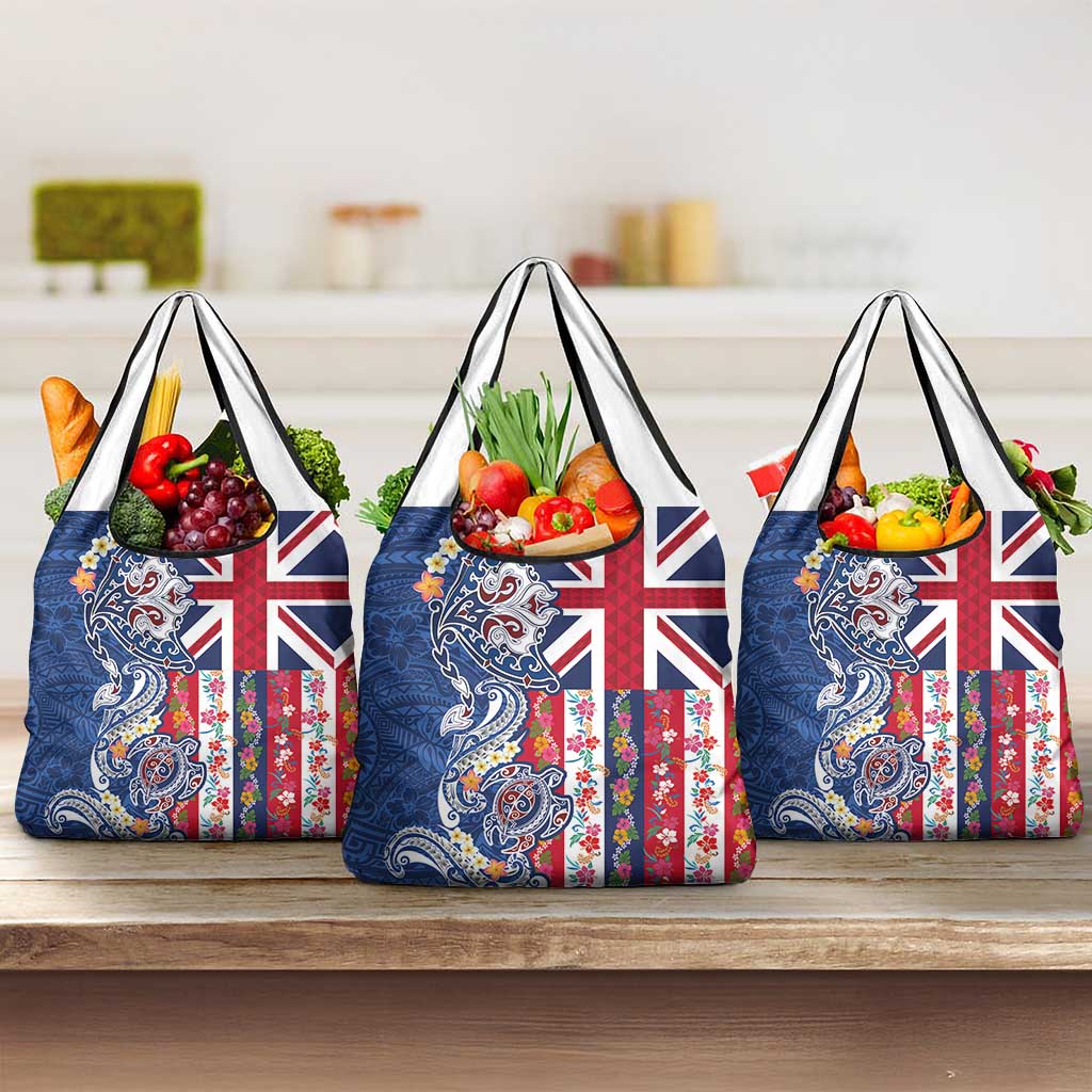 Hawaiian Manta Ray and Turtle Tribal Tattoo Grocery Bag With Hawaii Flag and Flowers