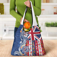Hawaiian Manta Ray and Turtle Tribal Tattoo Grocery Bag With Hawaii Flag and Flowers