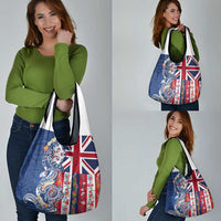 Hawaiian Manta Ray and Turtle Tribal Tattoo Grocery Bag With Hawaii Flag and Flowers
