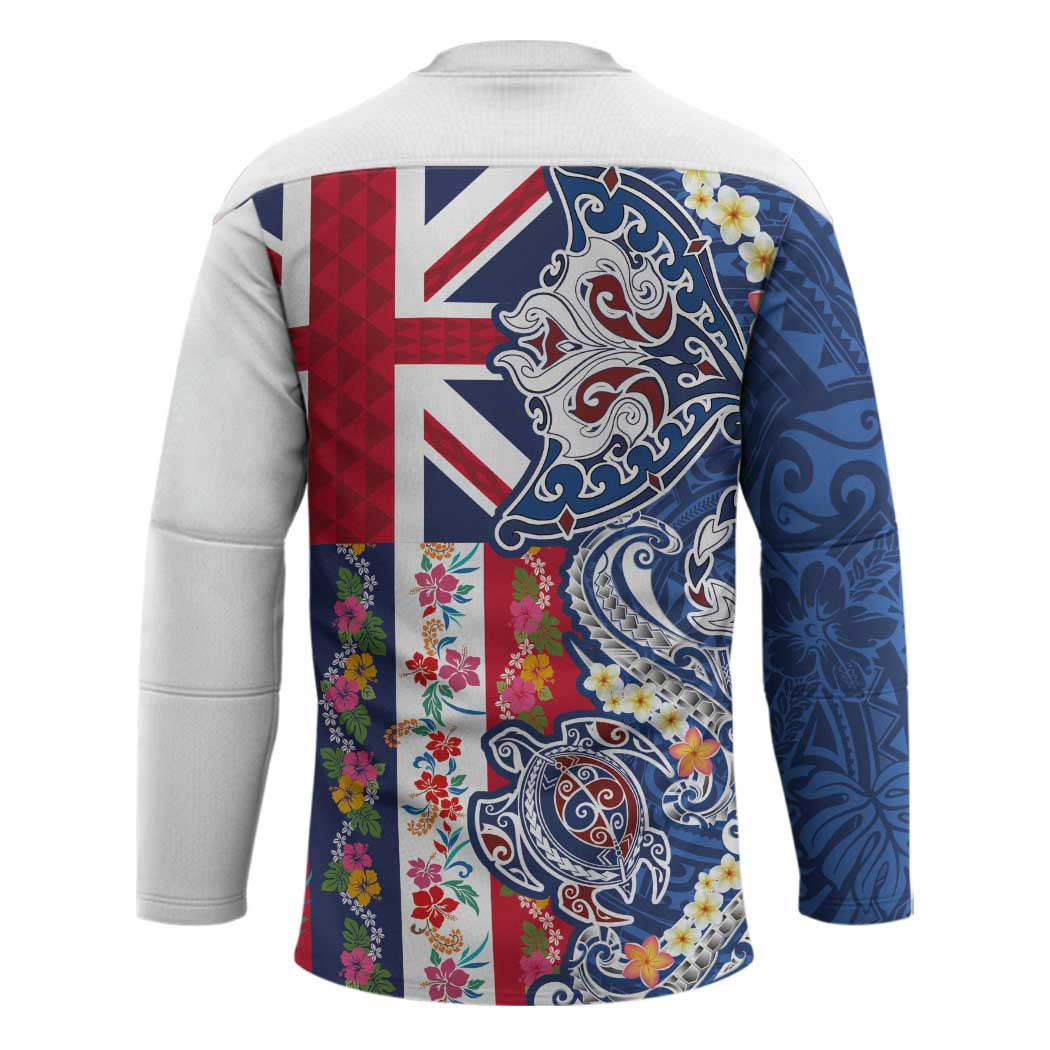 Hawaiian Manta Ray and Turtle Tribal Tattoo Hockey Jersey With Hawaii Flag and Flowers
