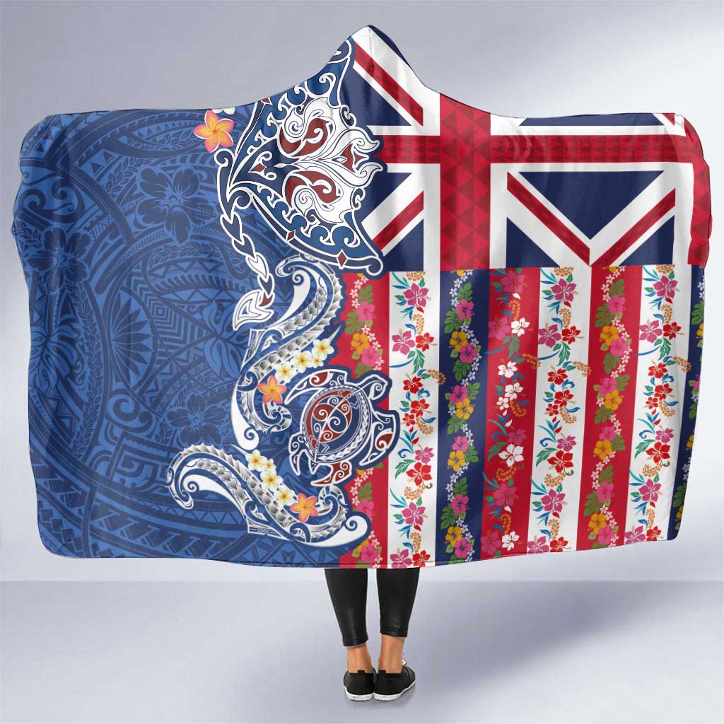 Hawaiian Manta Ray and Turtle Tribal Tattoo Hooded Blanket With Hawaii Flag and Flowers