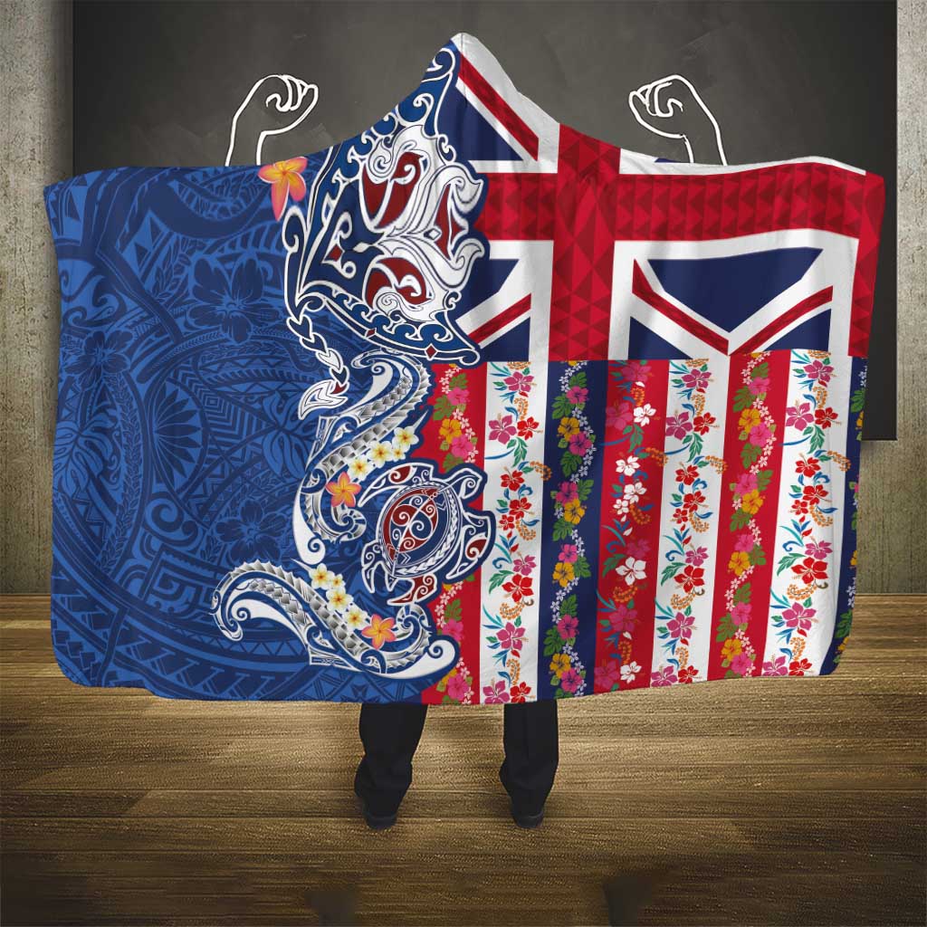 Hawaiian Manta Ray and Turtle Tribal Tattoo Hooded Blanket With Hawaii Flag and Flowers