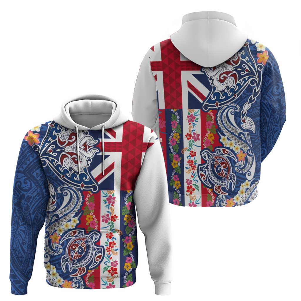 Hawaiian Manta Ray and Turtle Tribal Tattoo Hoodie With Hawaii Flag and Flowers