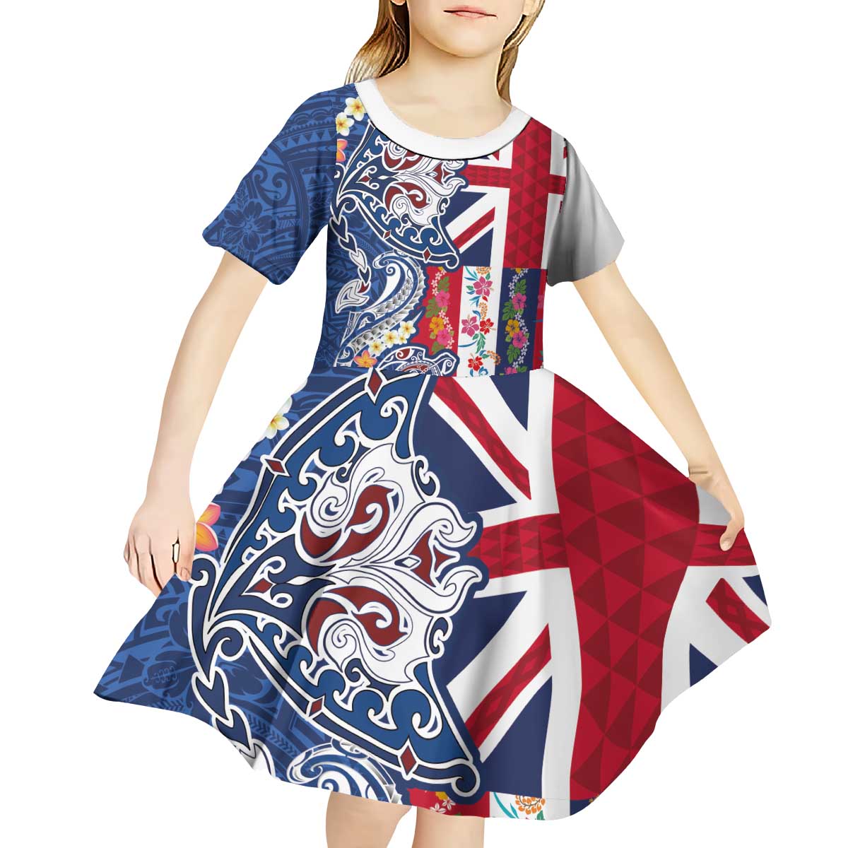 Hawaiian Manta Ray and Turtle Tribal Tattoo Kid Short Sleeve Dress With Hawaii Flag and Flowers