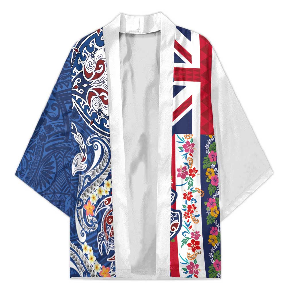 Hawaiian Manta Ray and Turtle Tribal Tattoo Kimono With Hawaii Flag and Flowers LT03 Unisex Multicolor - Polynesian Pride