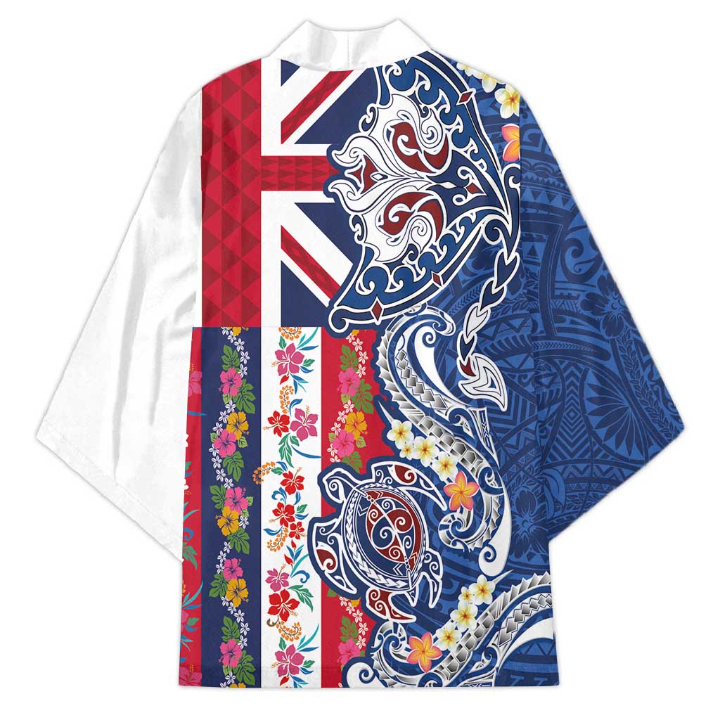 Hawaiian Manta Ray and Turtle Tribal Tattoo Kimono With Hawaii Flag and Flowers LT03 - Polynesian Pride