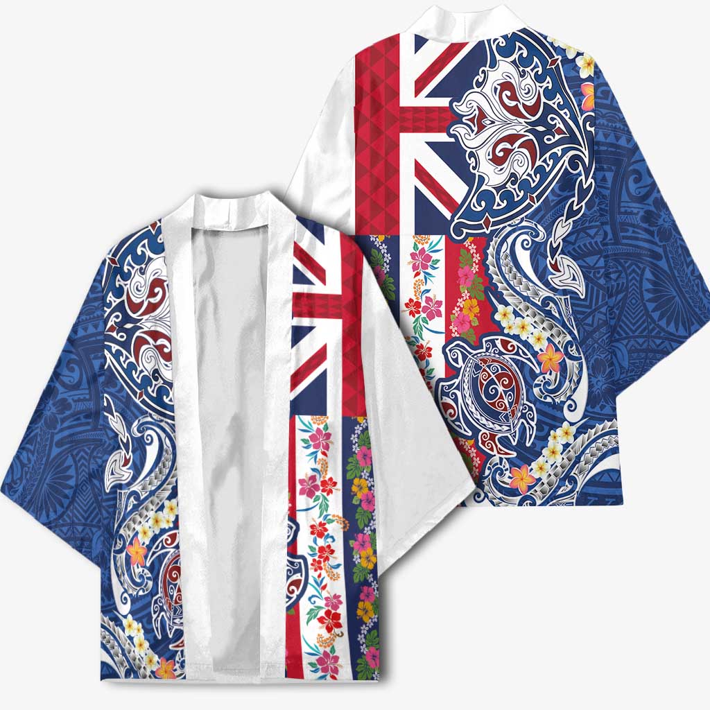 Hawaiian Manta Ray and Turtle Tribal Tattoo Kimono With Hawaii Flag and Flowers LT03 - Polynesian Pride