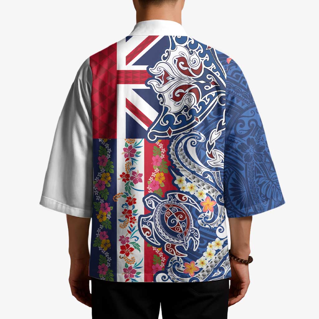 Hawaiian Manta Ray and Turtle Tribal Tattoo Kimono With Hawaii Flag and Flowers LT03 - Polynesian Pride