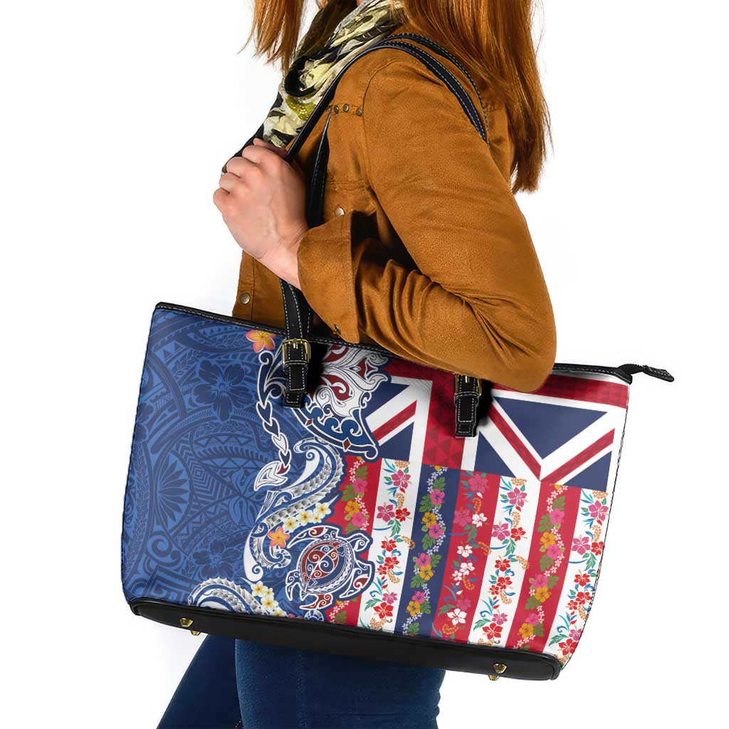 Hawaiian Manta Ray and Turtle Tribal Tattoo Leather Tote Bag With Hawaii Flag and Flowers