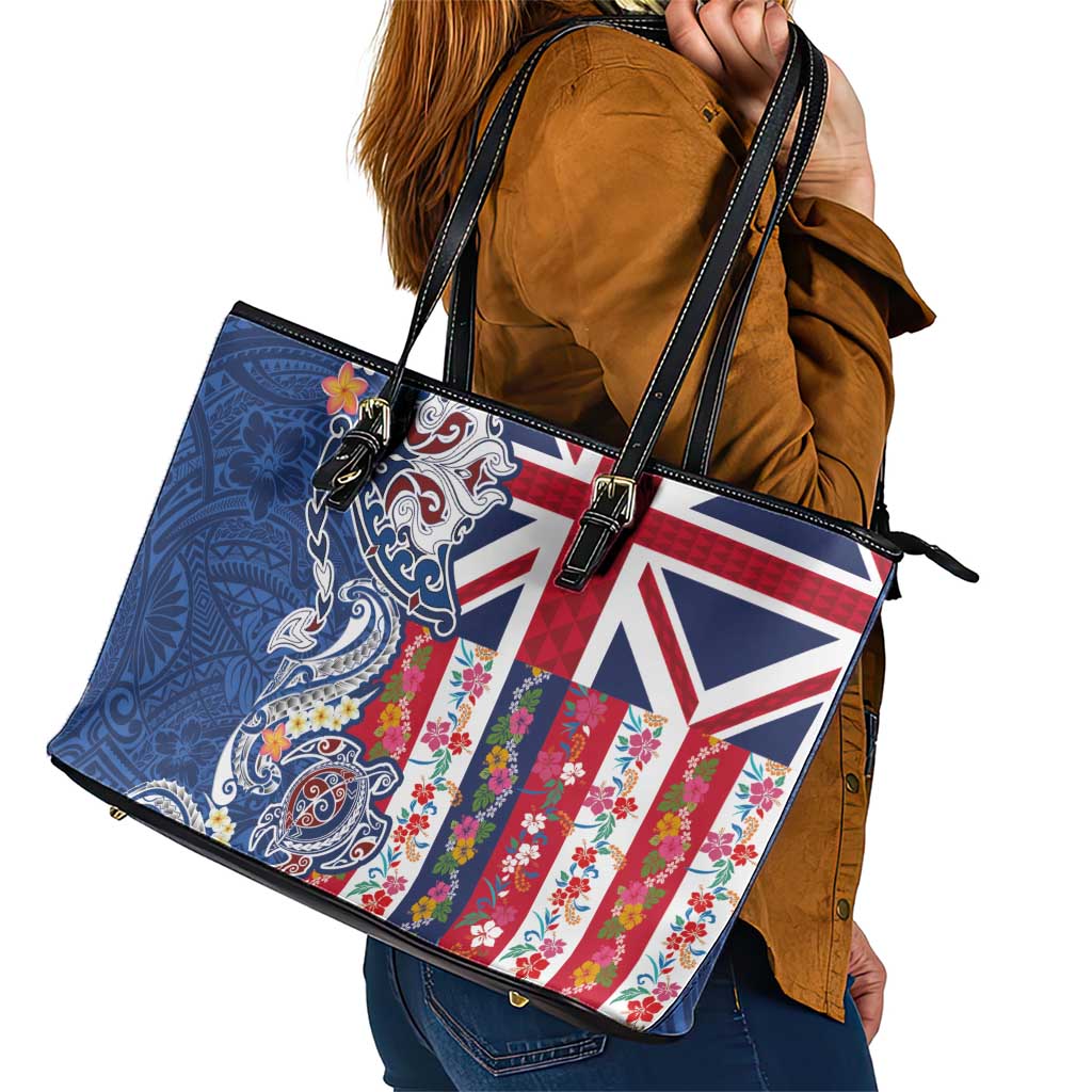 Hawaiian Manta Ray and Turtle Tribal Tattoo Leather Tote Bag With Hawaii Flag and Flowers