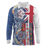 Hawaiian Manta Ray and Turtle Tribal Tattoo Long Sleeve Polo Shirt With Hawaii Flag and Flowers