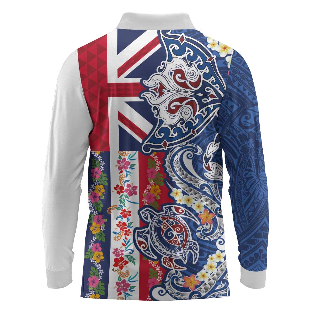 Hawaiian Manta Ray and Turtle Tribal Tattoo Long Sleeve Polo Shirt With Hawaii Flag and Flowers