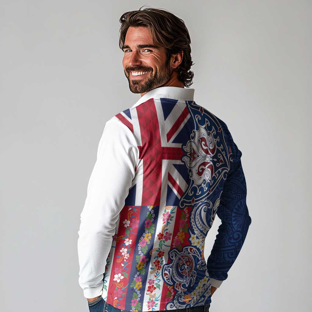 Hawaiian Manta Ray and Turtle Tribal Tattoo Long Sleeve Polo Shirt With Hawaii Flag and Flowers