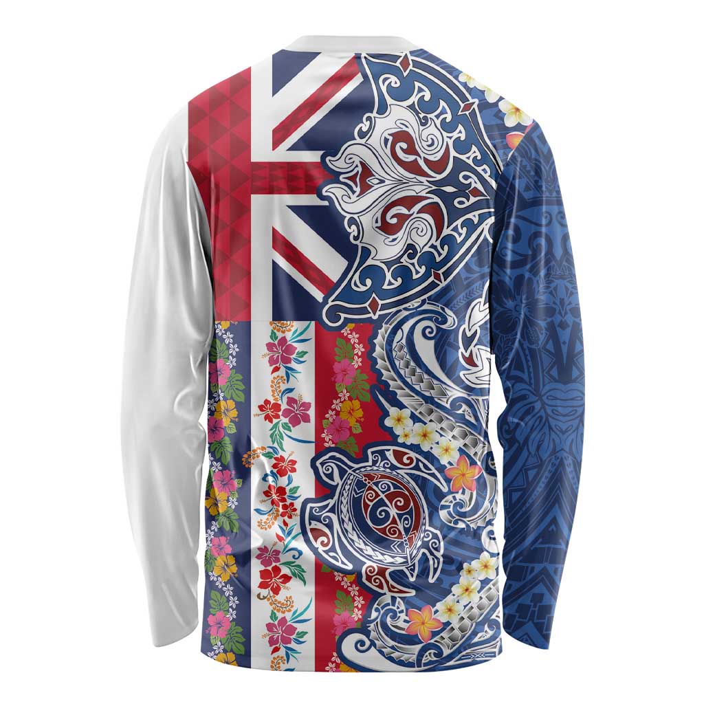 Hawaiian Manta Ray and Turtle Tribal Tattoo Long Sleeve Shirt With Hawaii Flag and Flowers