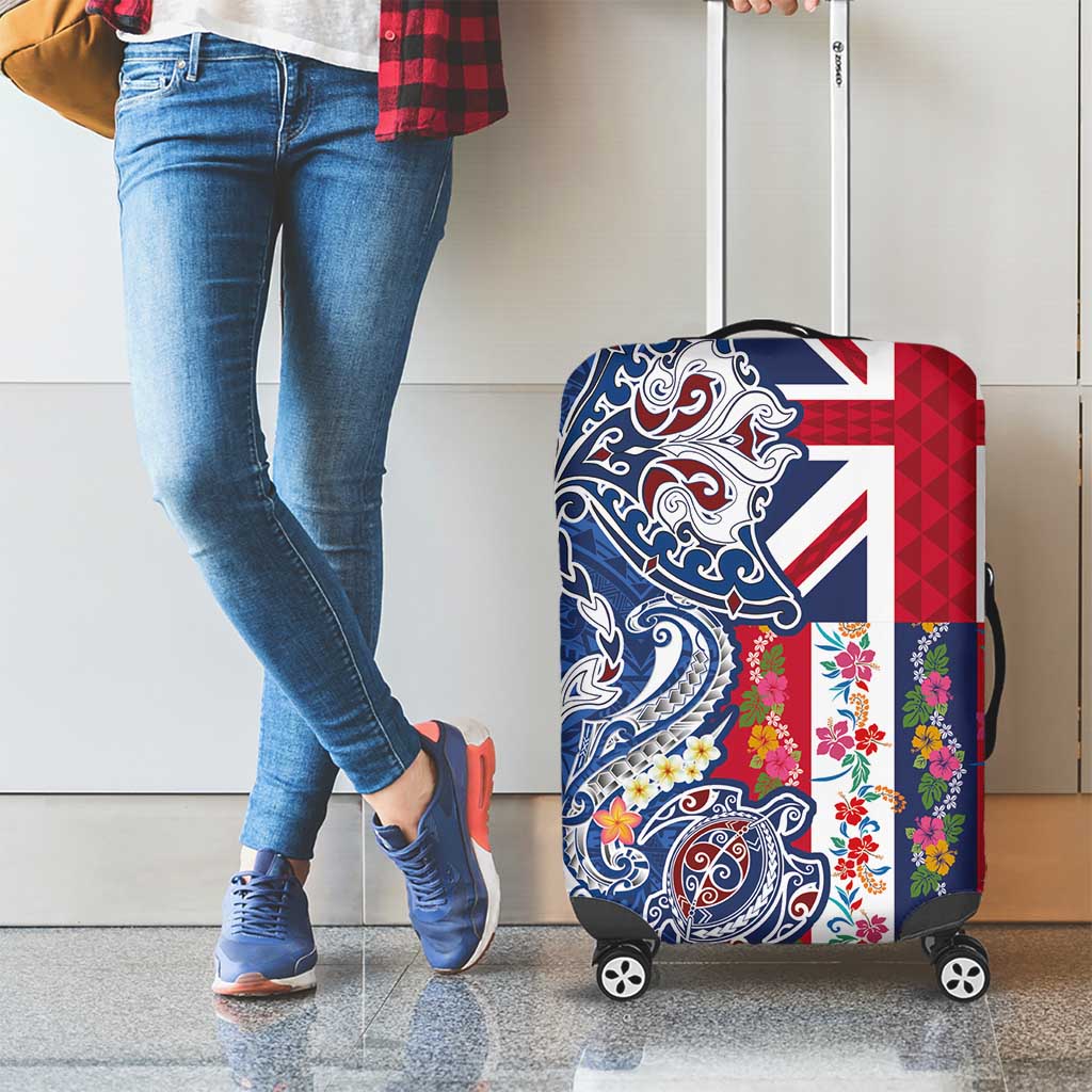 Hawaiian Manta Ray and Turtle Tribal Tattoo Luggage Cover With Hawaii Flag and Flowers