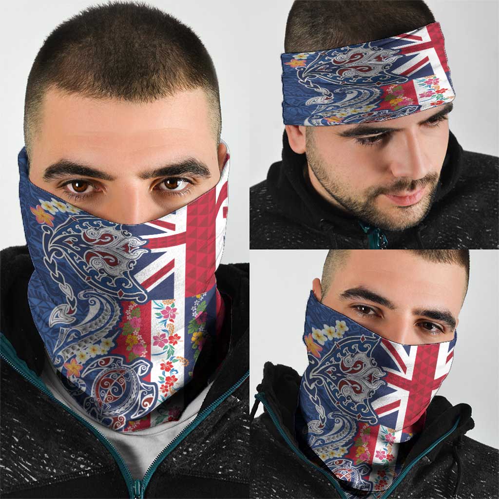 Hawaiian Manta Ray and Turtle Tribal Tattoo Neck Gaiter With Hawaii Flag and Flowers LT03 - Polynesian Pride