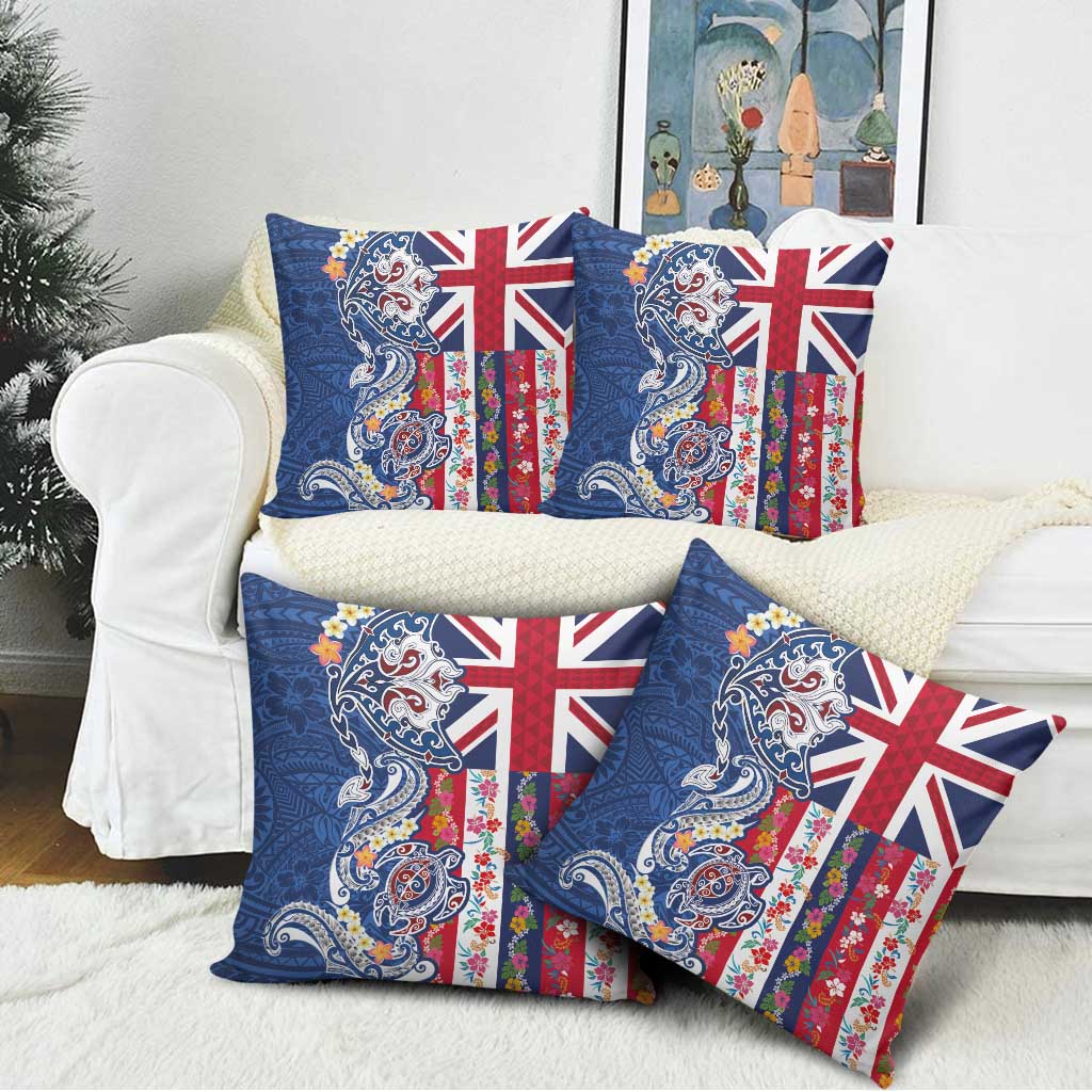 Hawaiian Manta Ray and Turtle Tribal Tattoo Pillow Cover With Hawaii Flag and Flowers