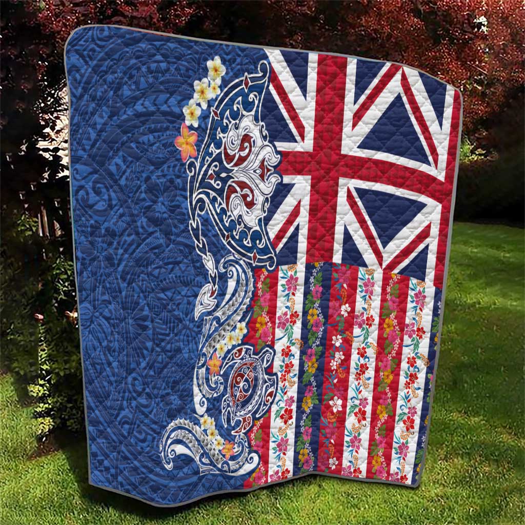 Hawaiian Manta Ray and Turtle Tribal Tattoo Quilt With Hawaii Flag and Flowers
