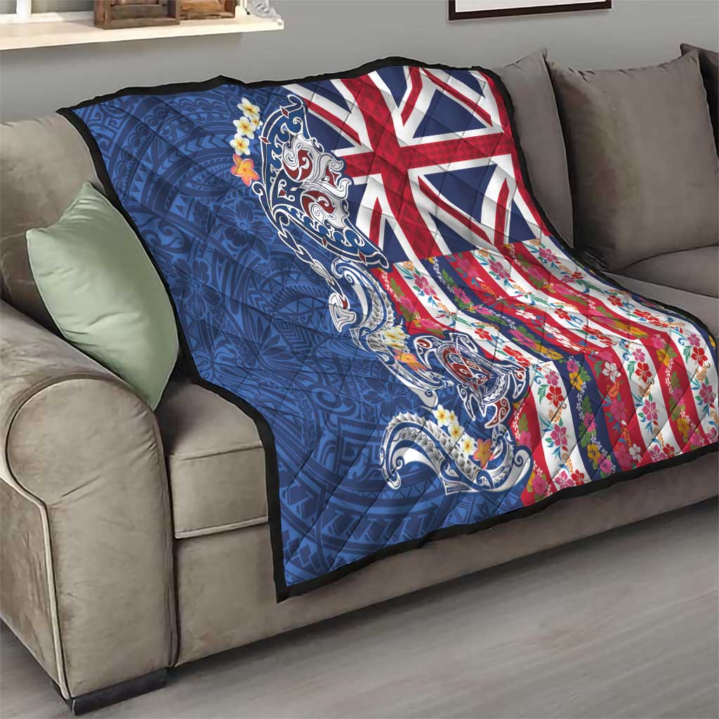 Hawaiian Manta Ray and Turtle Tribal Tattoo Quilt With Hawaii Flag and Flowers