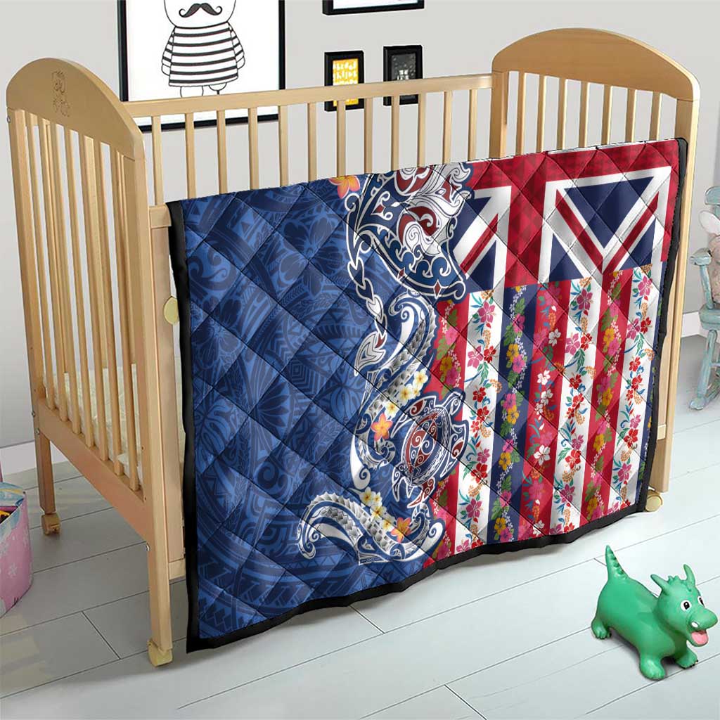 Hawaiian Manta Ray and Turtle Tribal Tattoo Quilt With Hawaii Flag and Flowers