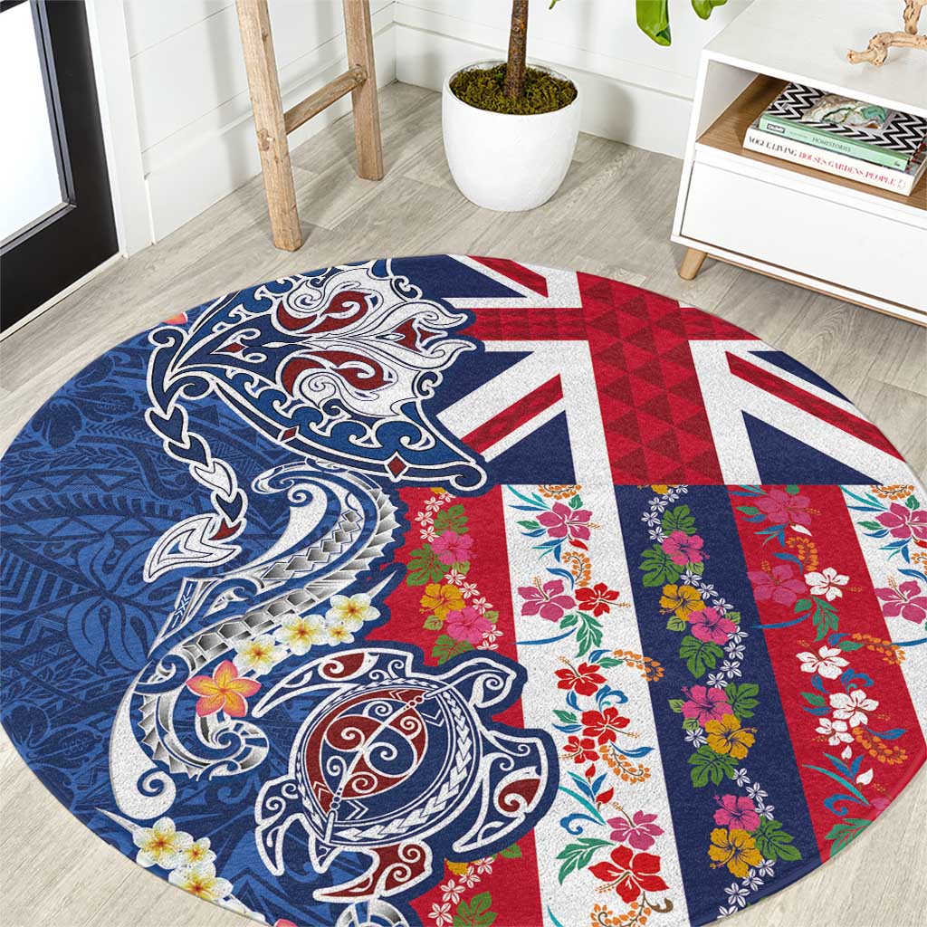 Hawaiian Manta Ray and Turtle Tribal Tattoo Round Carpet With Hawaii Flag and Flowers LT03 Multicolor - Polynesian Pride