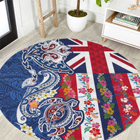 Hawaiian Manta Ray and Turtle Tribal Tattoo Round Carpet With Hawaii Flag and Flowers LT03 Multicolor - Polynesian Pride