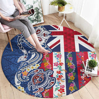 Hawaiian Manta Ray and Turtle Tribal Tattoo Round Carpet With Hawaii Flag and Flowers LT03 - Polynesian Pride