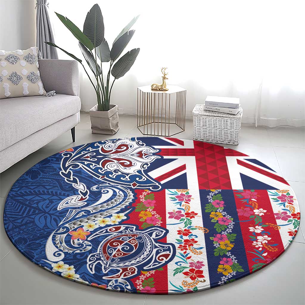Hawaiian Manta Ray and Turtle Tribal Tattoo Round Carpet With Hawaii Flag and Flowers LT03 - Polynesian Pride