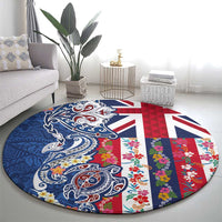 Hawaiian Manta Ray and Turtle Tribal Tattoo Round Carpet With Hawaii Flag and Flowers LT03 - Polynesian Pride