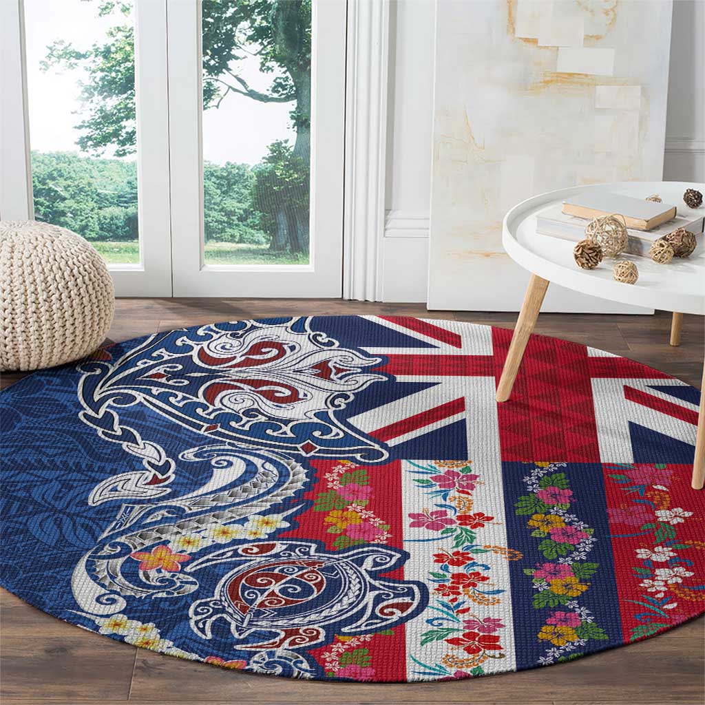 Hawaiian Manta Ray and Turtle Tribal Tattoo Round Carpet With Hawaii Flag and Flowers LT03 - Polynesian Pride