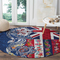 Hawaiian Manta Ray and Turtle Tribal Tattoo Round Carpet With Hawaii Flag and Flowers LT03 - Polynesian Pride