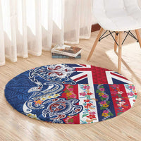 Hawaiian Manta Ray and Turtle Tribal Tattoo Round Carpet With Hawaii Flag and Flowers LT03 - Polynesian Pride