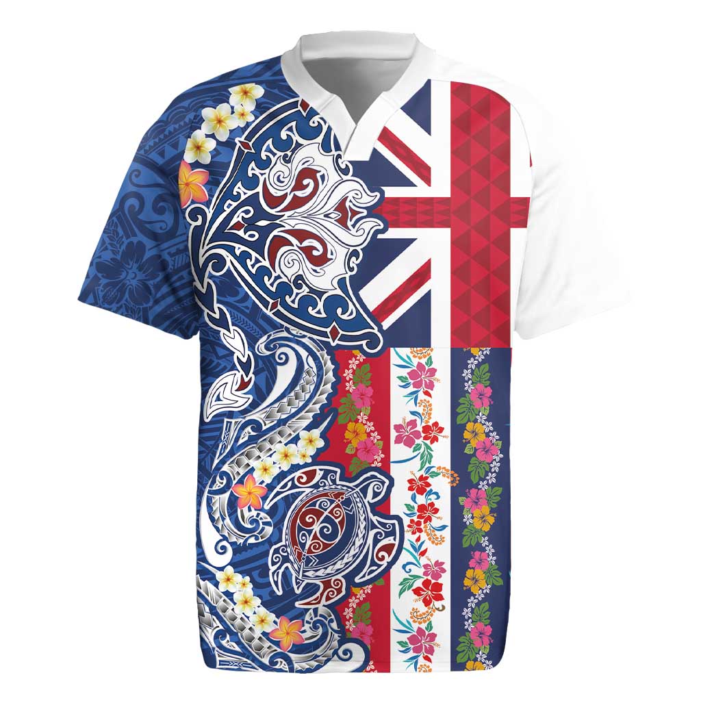 Hawaiian Manta Ray and Turtle Tribal Tattoo Rugby Jersey With Hawaii Flag and Flowers
