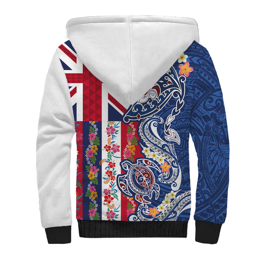 Hawaiian Manta Ray and Turtle Tribal Tattoo Sherpa Hoodie With Hawaii Flag and Flowers