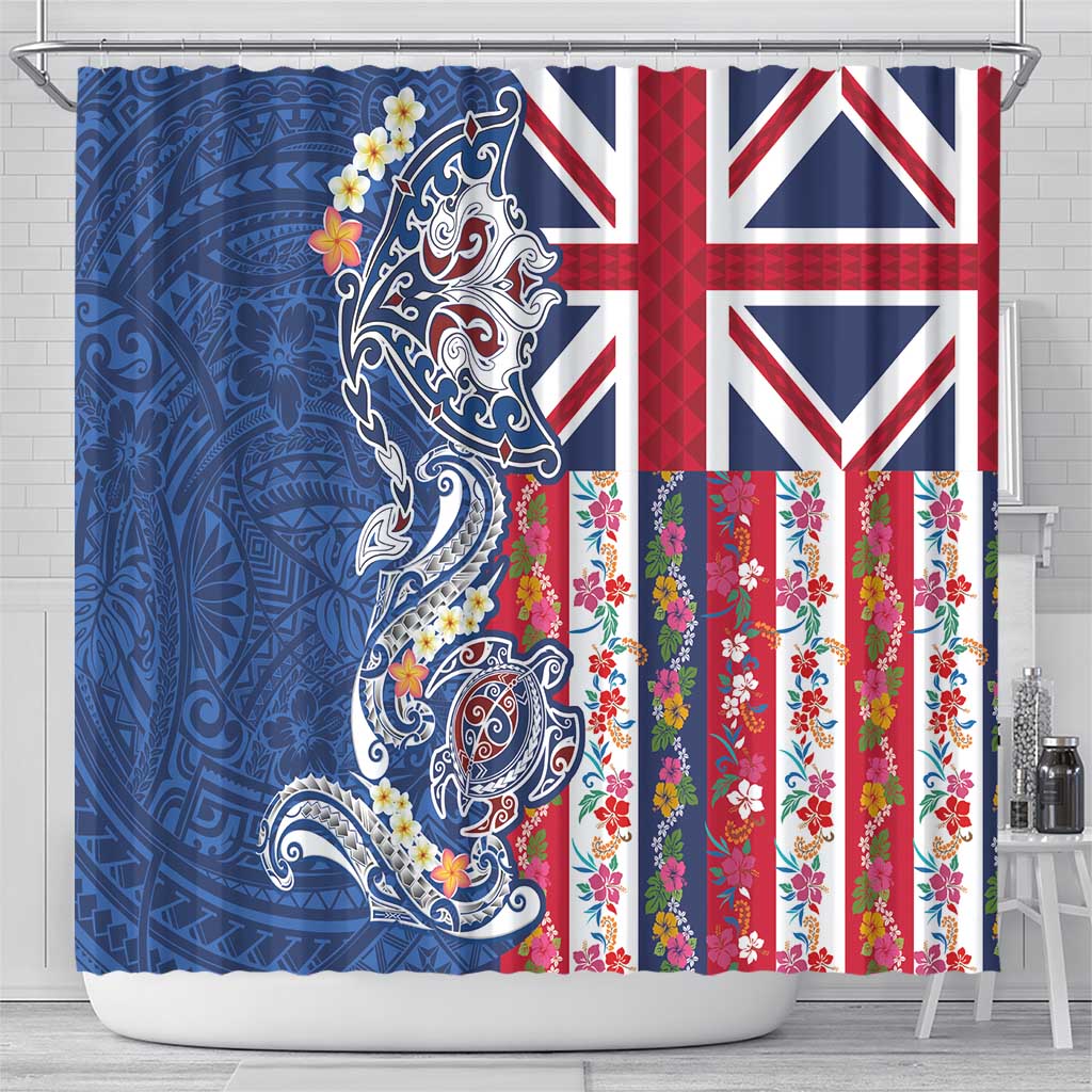 Hawaiian Manta Ray and Turtle Tribal Tattoo Shower Curtain With Hawaii Flag and Flowers