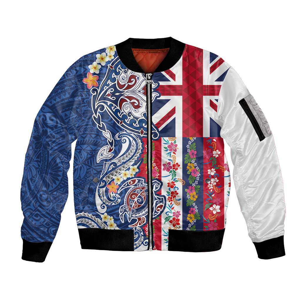 Hawaiian Manta Ray and Turtle Tribal Tattoo Sleeve Zip Bomber Jacket With Hawaii Flag and Flowers LT03 Unisex Multicolor - Polynesian Pride
