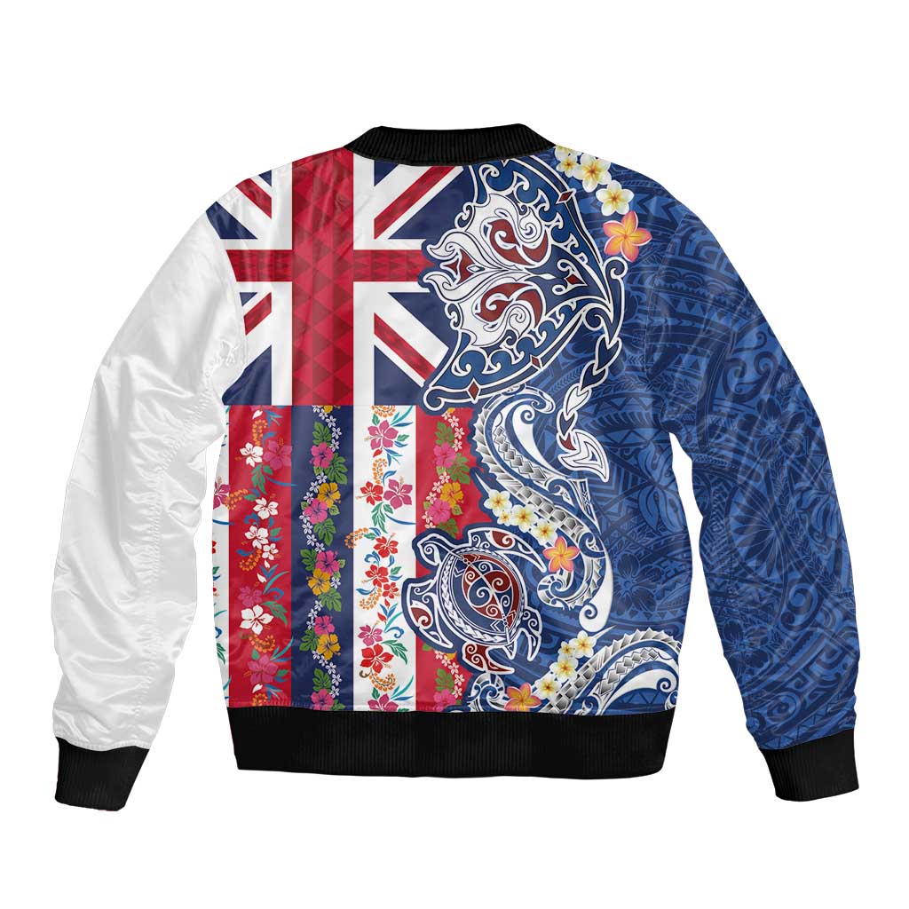 Hawaiian Manta Ray and Turtle Tribal Tattoo Sleeve Zip Bomber Jacket With Hawaii Flag and Flowers LT03 - Polynesian Pride