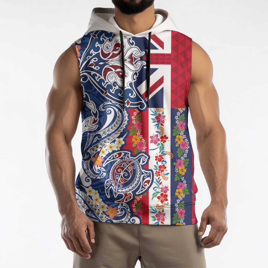 Hawaiian Manta Ray and Turtle Tribal Tattoo Sleeveless Hoodie With Hawaii Flag and Flowers