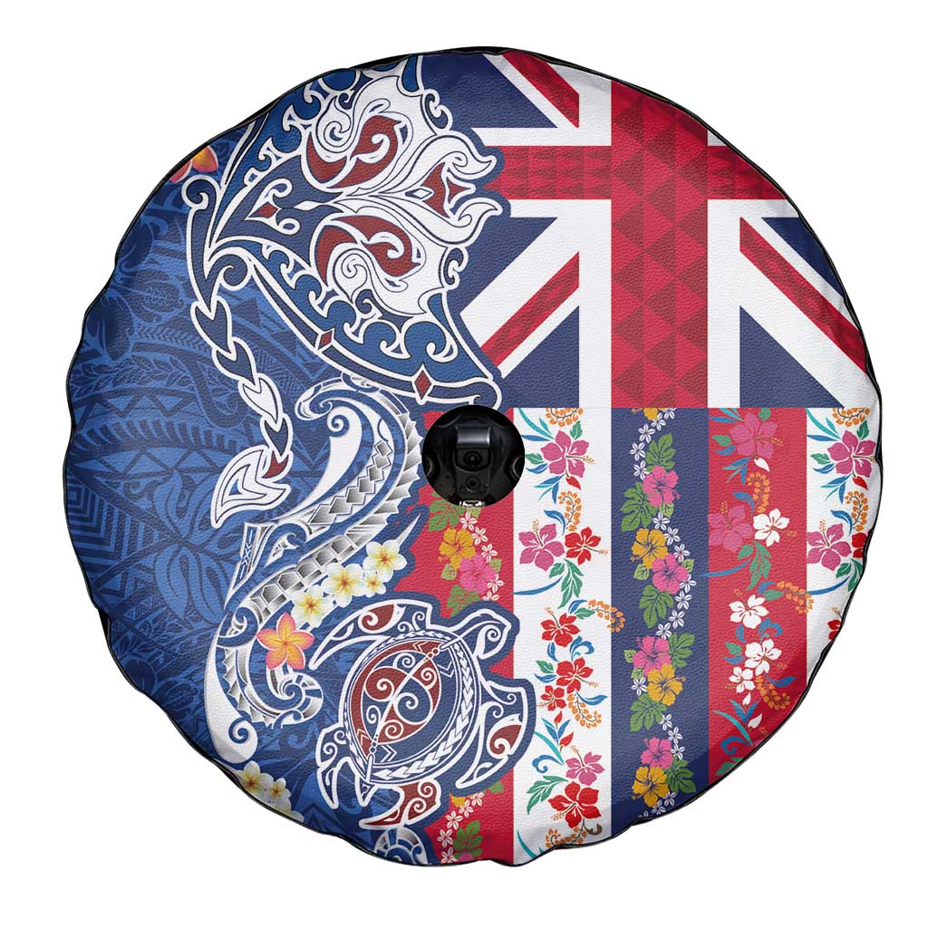 Hawaiian Manta Ray and Turtle Tribal Tattoo Spare Tire Cover With Hawaii Flag and Flowers