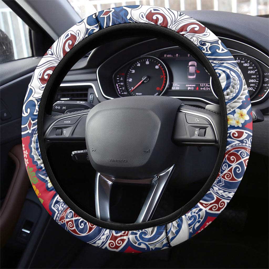 Hawaiian Manta Ray and Turtle Tribal Tattoo Steering Wheel Cover With Hawaii Flag and Flowers