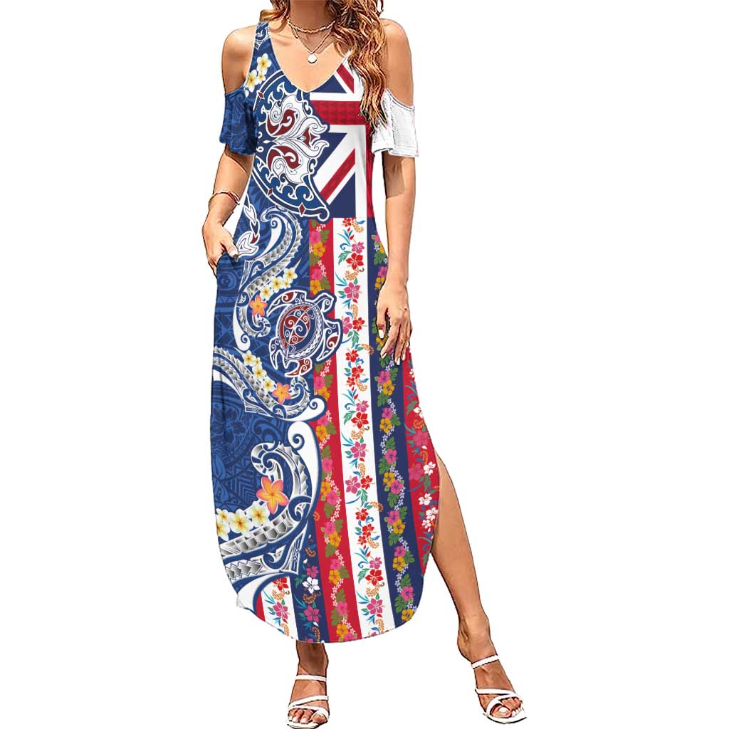 Hawaiian Manta Ray and Turtle Tribal Tattoo Summer Maxi Dress With Hawaii Flag and Flowers