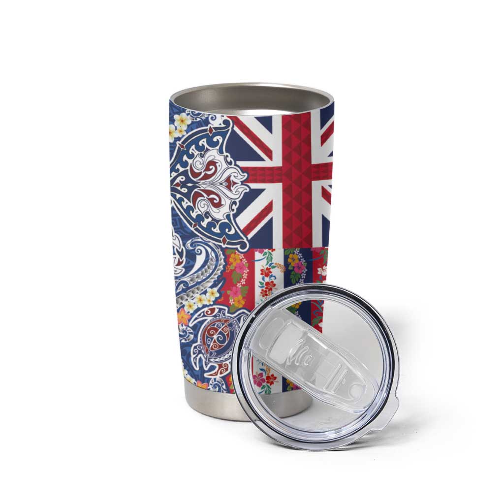Hawaiian Manta Ray and Turtle Tribal Tattoo Tumbler Cup With Hawaii Flag and Flowers